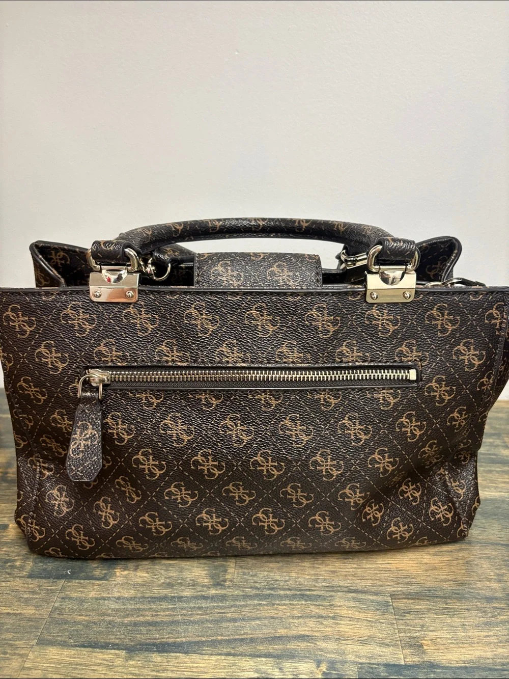 GUESS Brown Satchel with Pink Floral Embroidery